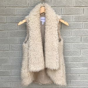 BCBG Faux Fur Off White Draped Open Front Vest